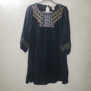Flying Tomato Sz M Boho Embroidered Dress Black Cotton Rayon Fabric Midi Mini